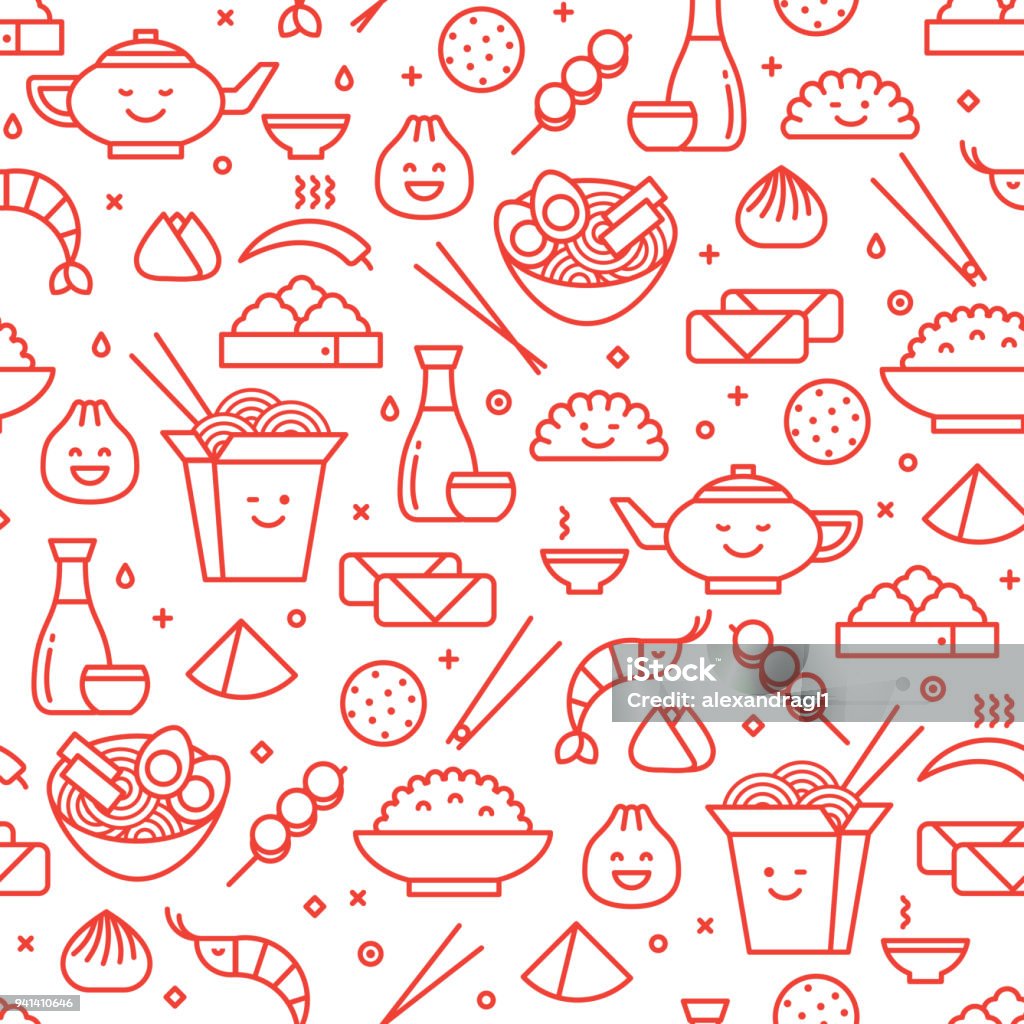Chinese traditional food line seamless pattern Vector seamless pattern of Chinese cuisine. Traditional national food of China take away boxes, noodles, dim sum, ramen and spring rolls. Line art iconic style. Icon Symbol stock vector