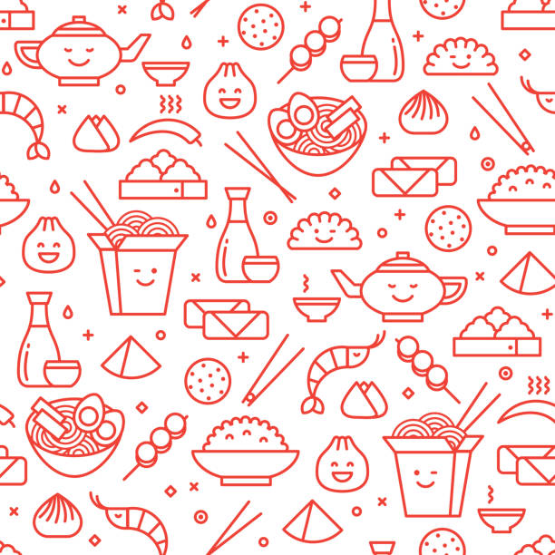 Chinese traditional food line seamless pattern Vector seamless pattern of Chinese cuisine. Traditional national food of China take away boxes, noodles, dim sum, ramen and spring rolls. Line art iconic style. japanese food stock illustrations