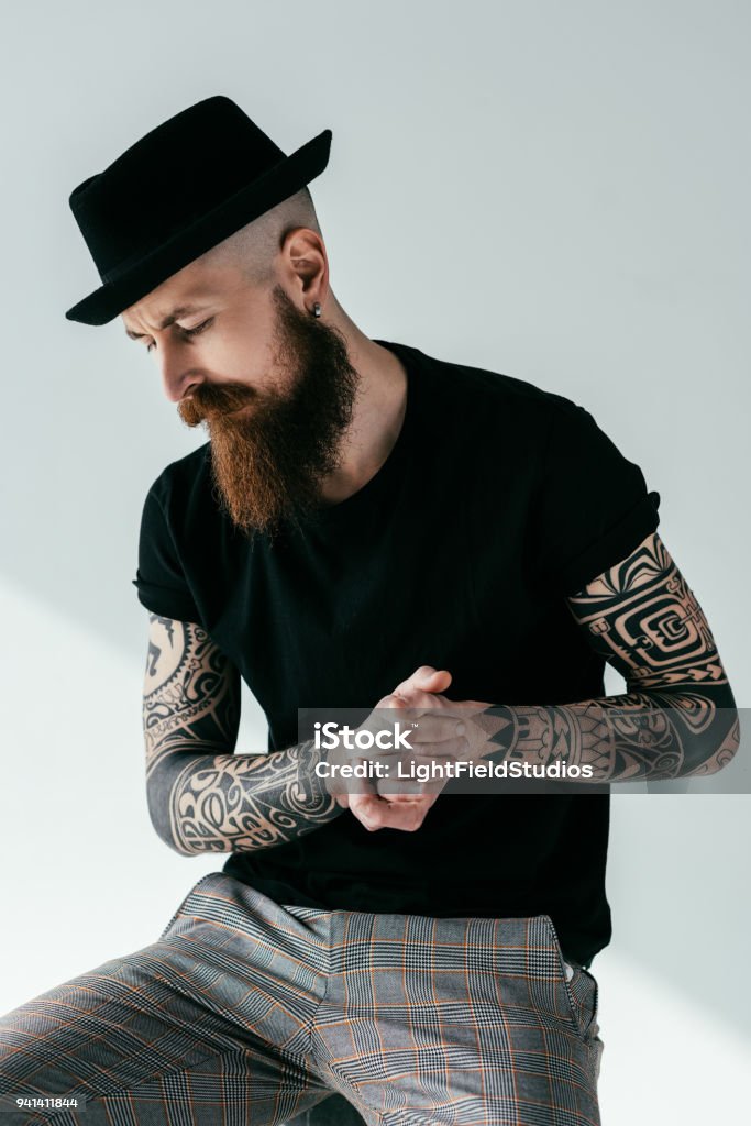 Handsome Bearded Tattooed Man With Hat On White Stock Photo - Download  Image Now - Adult, Adults Only, Beard - iStock