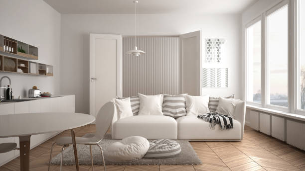 istock Scandinavian modern living room with kitchen, dining table, sofa and rug with pillows, minimalist white architecture interior design 941412238