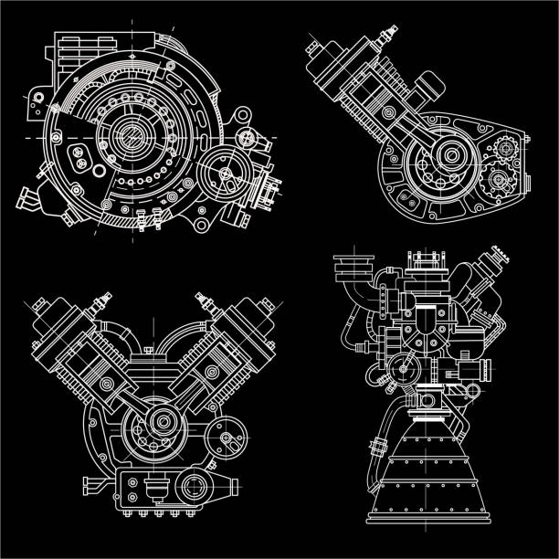 ilustrações, clipart, desenhos animados e ícones de conjunto de desenhos de motores - motor de combustão interna do veículo de motor, motocicleta, motor elétrico e um foguete. ele pode ser usado para ilustrar as ideias da ciência, projeto de engenharia e alta tecnologia - construction plan electricity blueprint