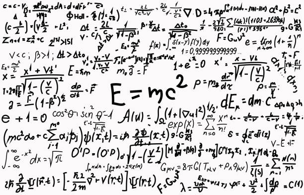 Blackboard inscribed with scientific formulas and calculations in physics and mathematics. Can illustrate scientific topics tied to quantum mechanics, relativity theory and any scientific calculations Chalkboard inscribed with scientific formulas and calculations in physics and mathematics. drawing of a advanced math formulas stock illustrations