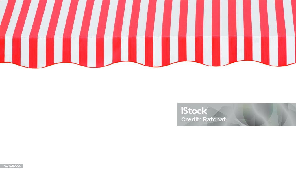 red and white strip awning in front of the shop Awning Stock Photo