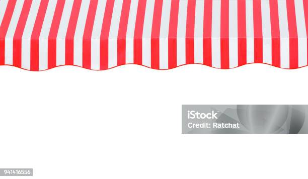 Red And White Strip Awning In Front Of The Shop Stock Photo - Download Image Now - Awning, Backgrounds, Architecture