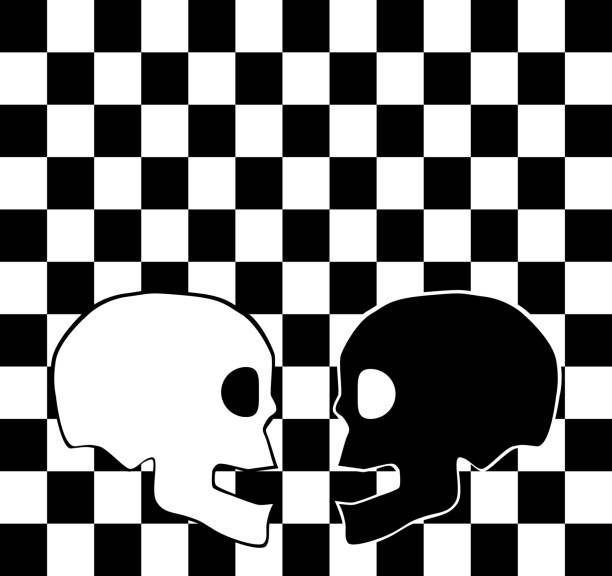 ilustrações de stock, clip art, desenhos animados e ícones de black and white skull on the chessboard - pop art skull backgrounds pattern
