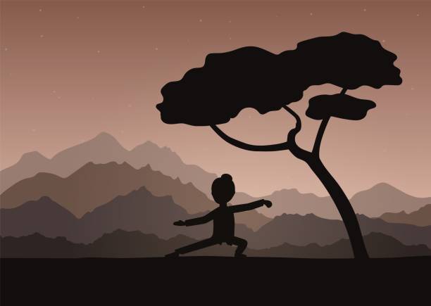 Girl performing qigong or taijiquan exercises in the evening. Girl performing qigong or taijiquan exercises in the evening. Woman practicing Tai Chi, qi-gong exercises. Ancient chinese healthcare practice. Flat style. Vector illustration. qi gong stock illustrations