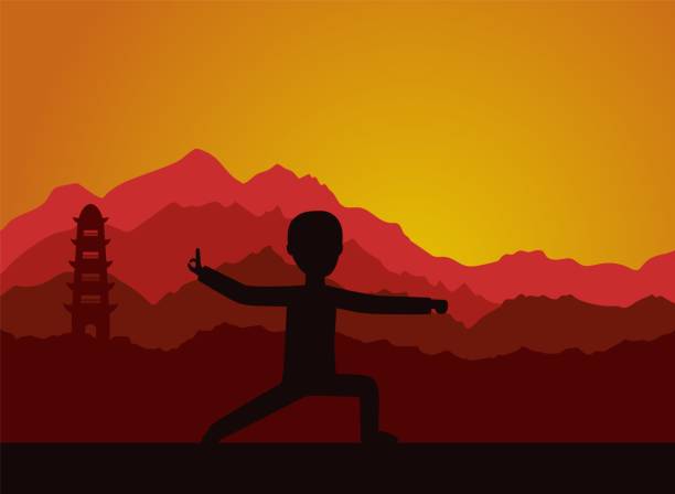 Man performing qigong or taijiquan exercises in the evening. Man performing qigong or taijiquan exercises in the evening. Male person practicing Tai Chi, qi-gong exercises. Ancient chinese healthcare practice. Flat style. Vector illustration. tai chi meditation stock illustrations