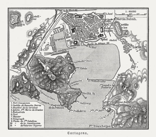 şehir haritası cartagena, murcia, i̇spanya, ahşap oyma, 1897 yayınlandı - murcia stock illustrations