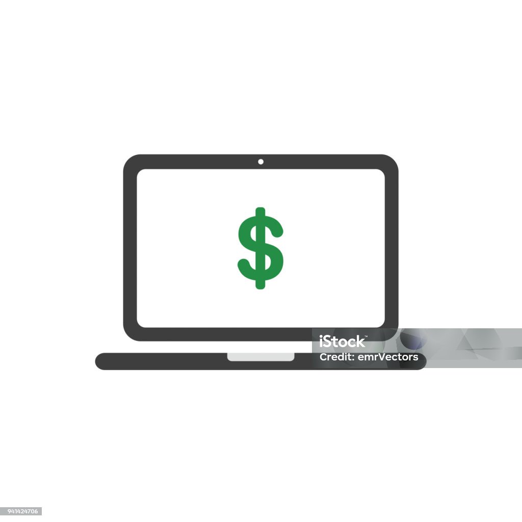 Vector icon concept of dollar symbol inside laptop computer Vector illustration concept of green dollar symbol inside black laptop computer icon. Budget stock vector