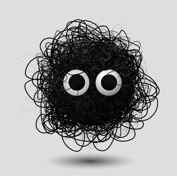 Cute cartoon furry ball with googly eyes. Funny monster with black fluffy hair. monster stock illustrations