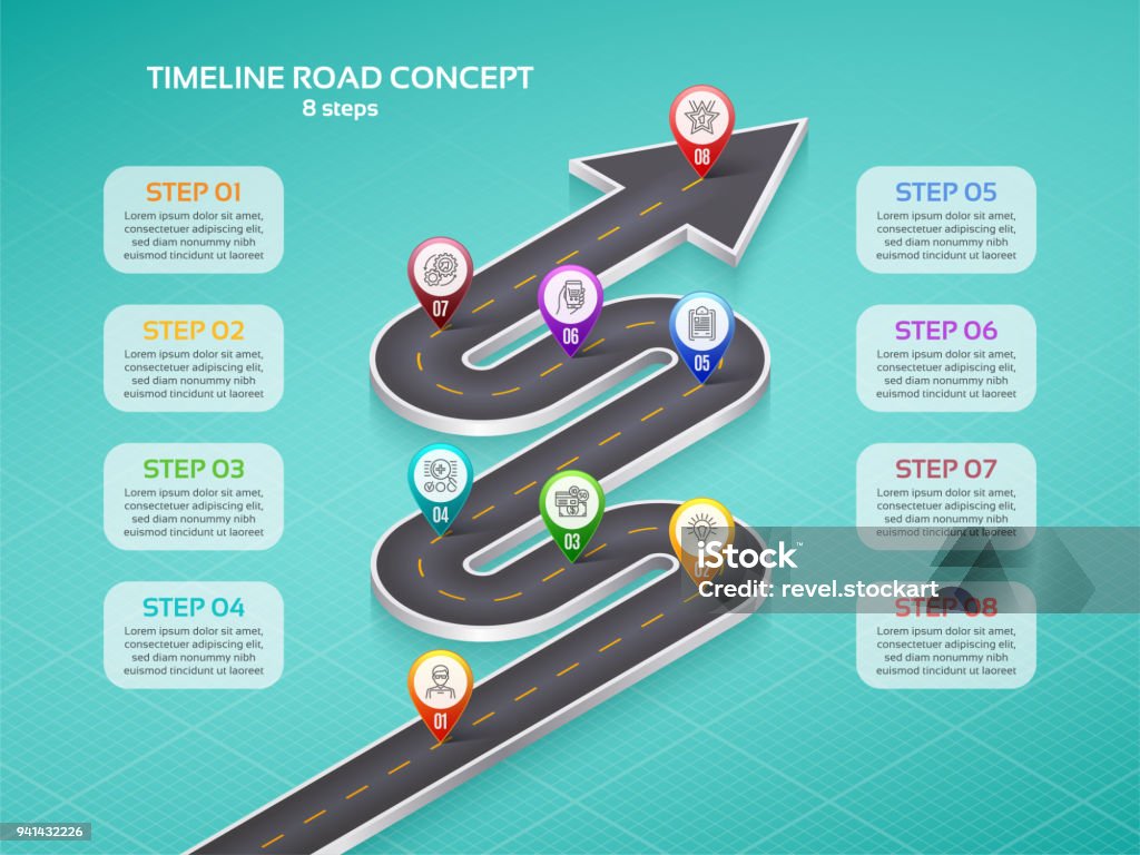 Isométrica navegación mapa infográfico 8 pasos línea de tiempo concepto. - arte vectorial de Mapa de carretera libre de derechos