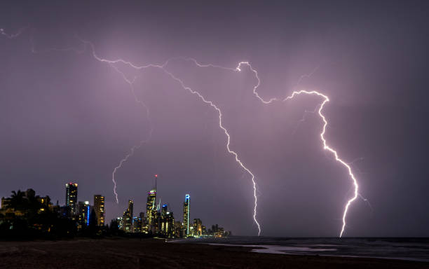istock Multiple lightning bolts above city skyline 941432850