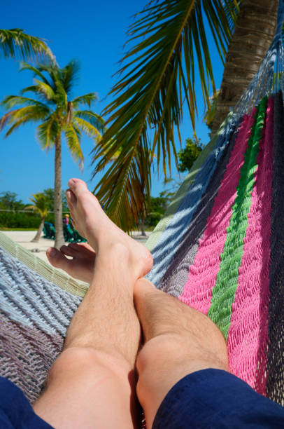 istock Man's legs relaxing in hammock on tropical island 941435606