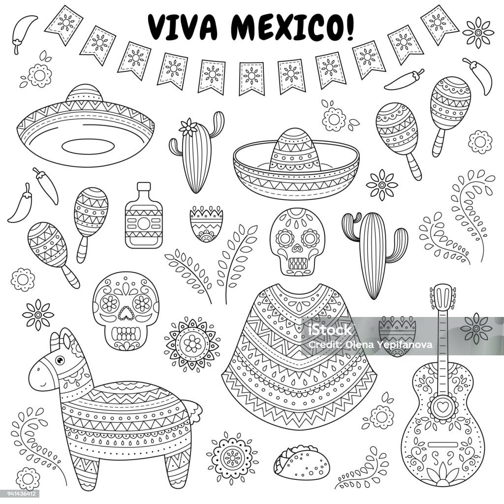 Cinco de Mayo celebration in Mexico. Cartoon doodle collection objects for Cinco de Mayo parade with pinata, maracas, sambrero, tequila, tacos, cactus, skull, flag Cartoon doodle collection objects for Cinco de Mayo parade with pinata, maracas, sambrero, tequila, tacos, cactus, skull, flag Backgrounds stock vector