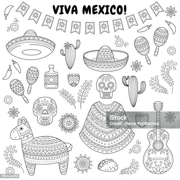 Cinco De Mayo Celebration In Mexico Cartoon Doodle Collection Objects For Cinco De Mayo Parade With Pinata Maracas Sambrero Tequila Tacos Cactus Skull Flag Stock Illustration - Download Image Now