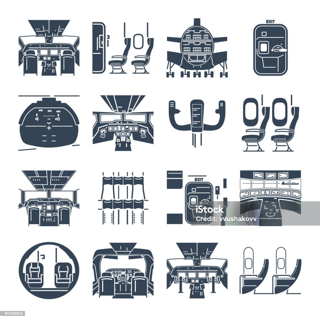 set of black icons cockpit airplane, ship, cabin interior Airplane stock vector