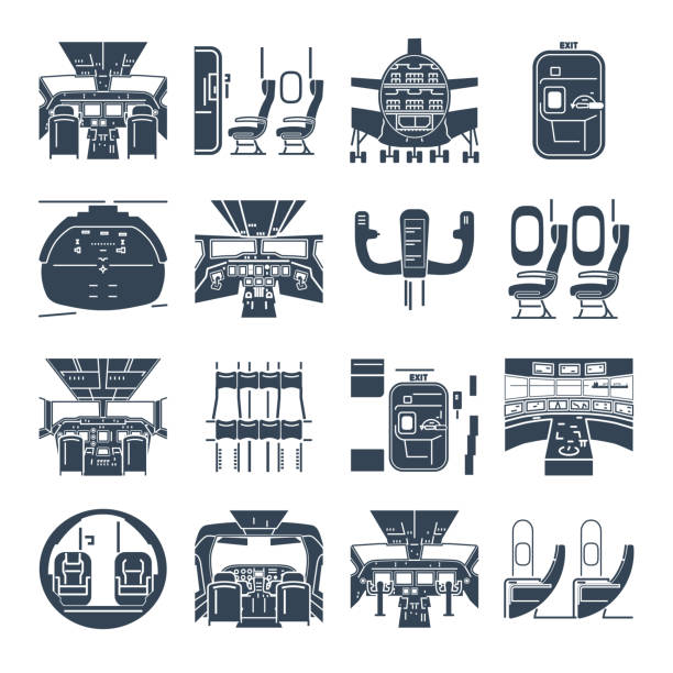 set of black icons cockpit airplane, ship, cabin interior vector art illustration