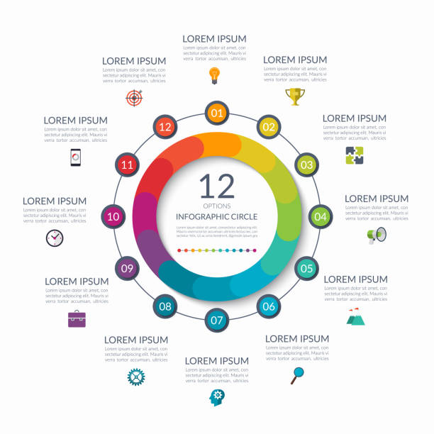 Infographic circle. 12 options, steps, parts. Business concept for diagram, graph, chart. Vector template Infographic circle. 12 options, steps, parts. Business concept for diagram, graph, chart. Vector template number 12 stock illustrations