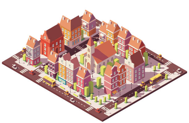 ilustrações de stock, clip art, desenhos animados e ícones de vector low poly isometric old city center - built structure building exterior hotel old