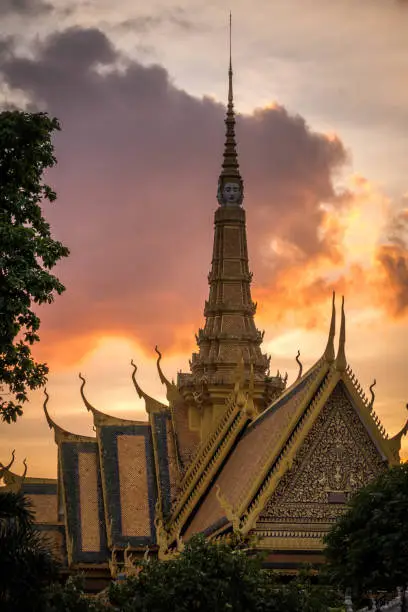 The roof of the Royal Palace in Phnom Penh at sunset