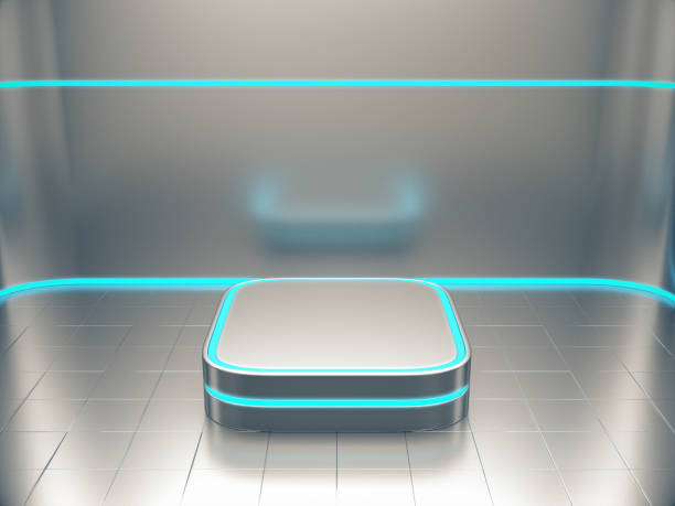 istock Metal pedestal for display,Platform for design,Blank product stand with light glow. 941446700