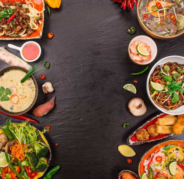 istock Various of asian meals on rustic background , top view , place for text 941447394