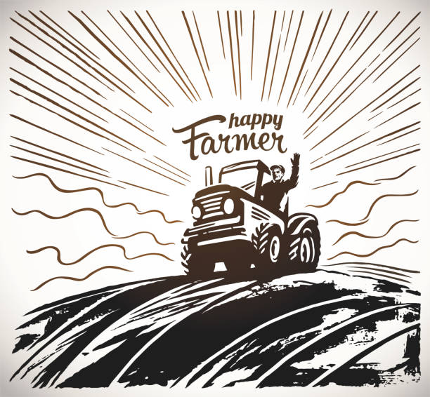 illustrations, cliparts, dessins animés et icônes de agriculteur dans le tracteur, agitant ses mains - agriculture farm people plow