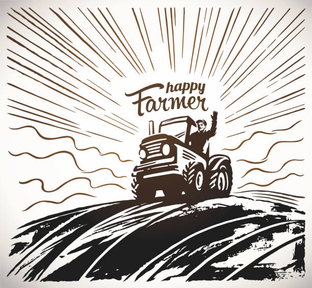 Farmer in the tractor waving his hands Farmer on the tractor, waving his hands, to the top of the hill against the backdoor of the sunrise, vector illustration in retro style. farmer silhouettes stock illustrations