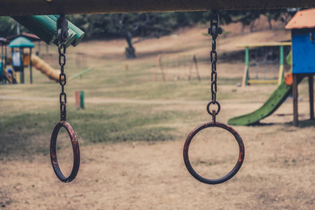 rings hanging on climbing frame - vintage outdoor playground -