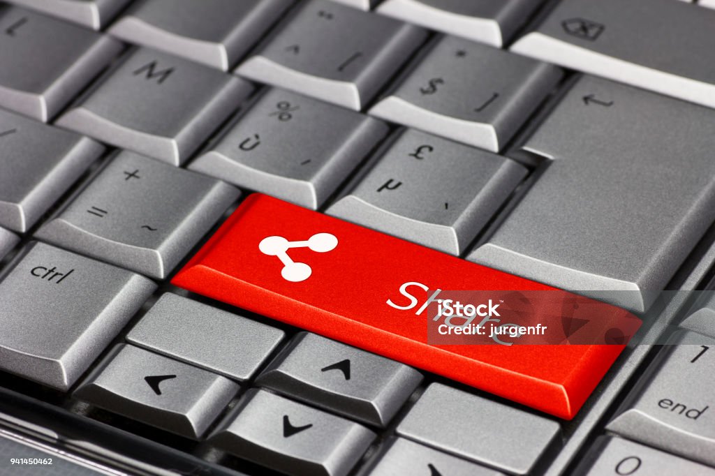 Keyboard key red - share Red keyboard key with share symbol File Folder Stock Photo