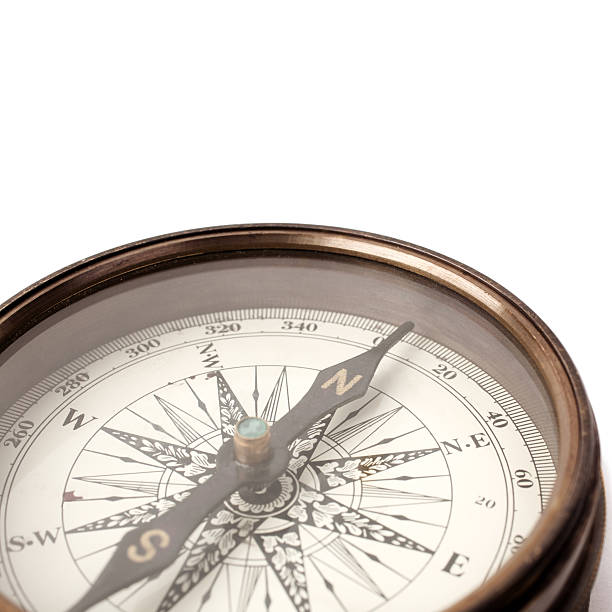 Close up of copper colored compass on white background stock photo