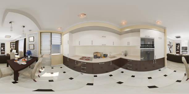 3d ilustración 360 esférico transparente panorama cocina - small domestic kitchen apartment rental fotografías e imágenes de stock