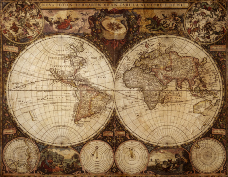 Photo of a genuine hand drawn world map, it was drawn in 1844 and therefore the countries are named as they were in that period of time in the 19th century, the staining is a result of natural ageing process and nothing has been done in photoshop to the map other than remove the cartographers name.