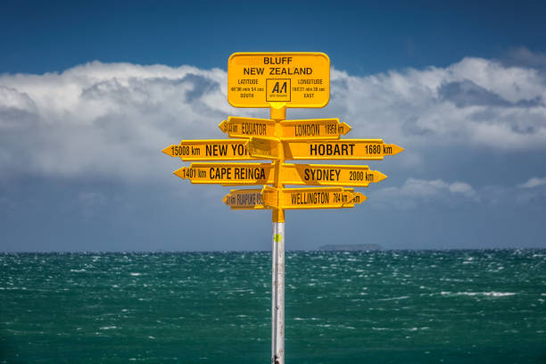 The world's southernmost signpost in Bluff, South Island, New Zealand. Global signpost shows world distances measured from Bluff, tourist destination.