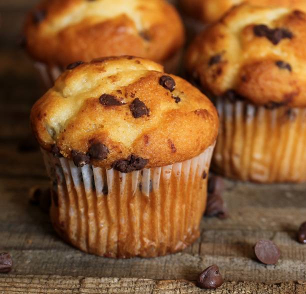istock Mini Chocolate chip Muffins on wooden background, selective focus 941456500