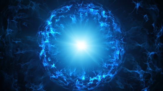 Blue plasma sphere. Computer generated sci-fi background. Futuristic abstract 3D render