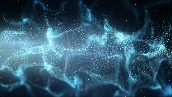 Chaotic particles waving. Computer generated abstract background. Render with depth of field