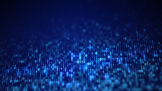 Blue digital binary data code on screen. Abstract information technology background. Computer generated raster illustration rendered with DOF