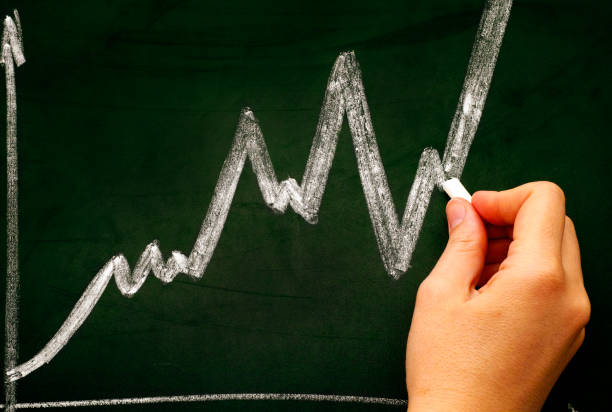 istock Woman hand with chalk drawing graph on dark green chalkboard. 941468408