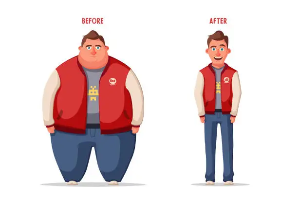 Vector illustration of Sad fat man. Obese character. Fatboy. Cartoon vector illustration.