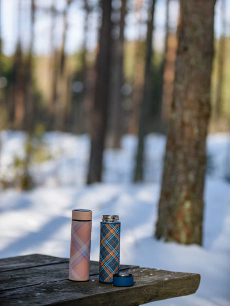 istock colorful thermoses on wooden table in winter forest 941470364