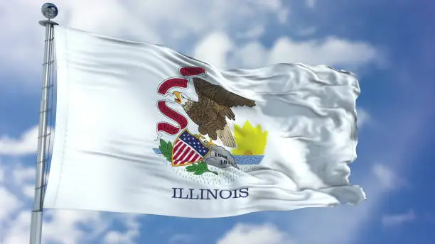 Illinois (U.S. state) flag waving against clear blue sky, close up, isolated with clipping path mask luma channel, perfect for film, news, composition