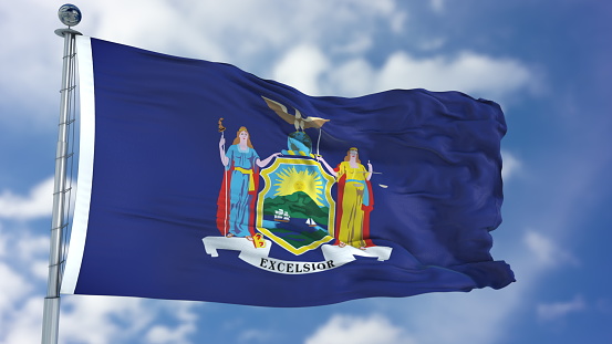 New York (U.S. state) flag waving against clear blue sky, close up, isolated with clipping path mask luma channel, perfect for film, news, composition