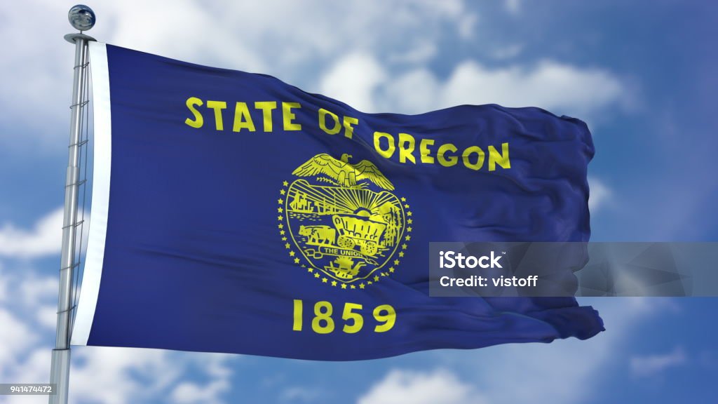 Oregon Waving Flag Oregon (U.S. state) flag waving against clear blue sky, close up, isolated with clipping path mask luma channel, perfect for film, news, composition Flag Stock Photo