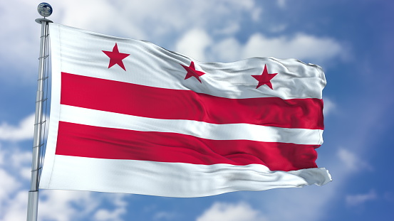 Washington DC (U.S. state) flag waving against clear blue sky, close up, isolated with clipping path mask luma channel, perfect for film, news, composition