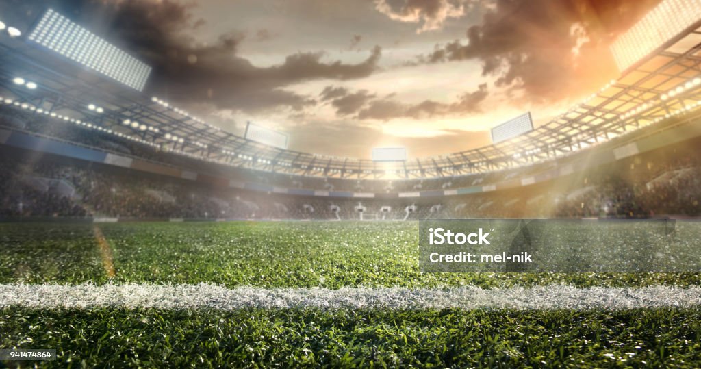 Sport. Empty football soccer field with white marks, green grass texture. Sport. Soccer. Football Soccer Stock Photo