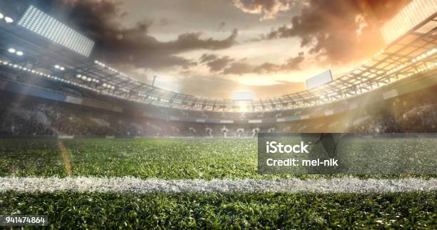 Sport Empty Football Soccer Field With White Marks Green Grass Texture Stock Photo - Download Image Now