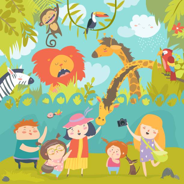 ilustraciones, imágenes clip art, dibujos animados e iconos de stock de niños felices en el zoo con animales africanos salvajes - cartoon giraffe young animal africa