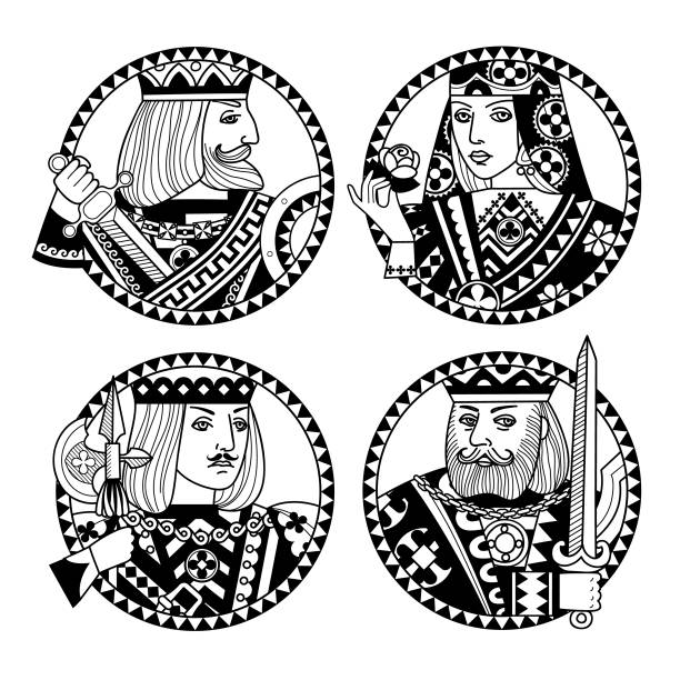 ilustrações de stock, clip art, desenhos animados e ícones de round shapes with faces of playing cards characters in black and white colors - four people illustrations