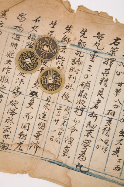 istock antique chinese book page and coin 941488276